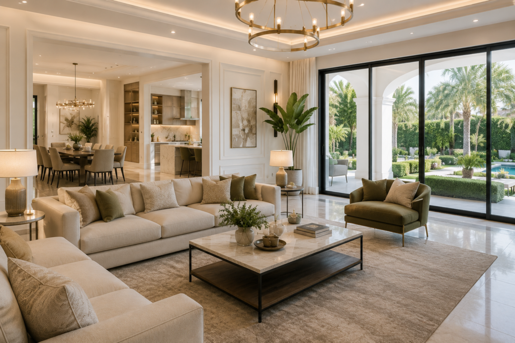 Modern open-plan living room in a renovated Dubai villa featuring luxury furniture, large glass doors, natural lighting, and contemporary interior design.