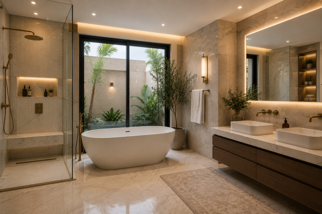 Luxury bathroom in a renovated Dubai villa featuring a freestanding bathtub, walk-in glass shower, floating vanity, marble finishes, and modern lighting.