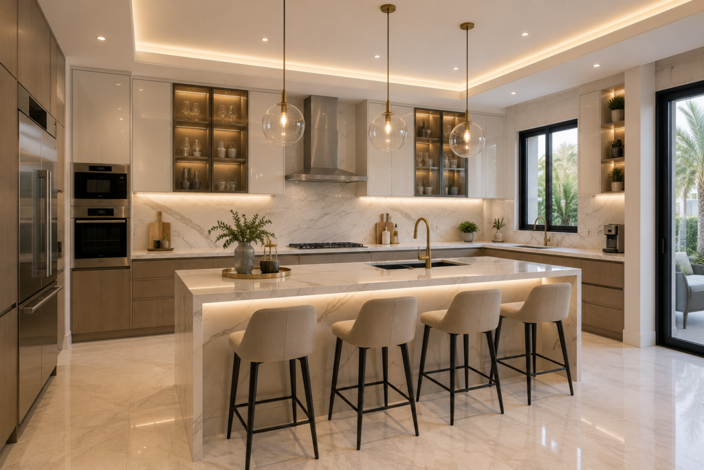 Modern luxury kitchen in a renovated Dubai villa featuring a marble island, custom cabinets, premium appliances, and elegant pendant lighting.